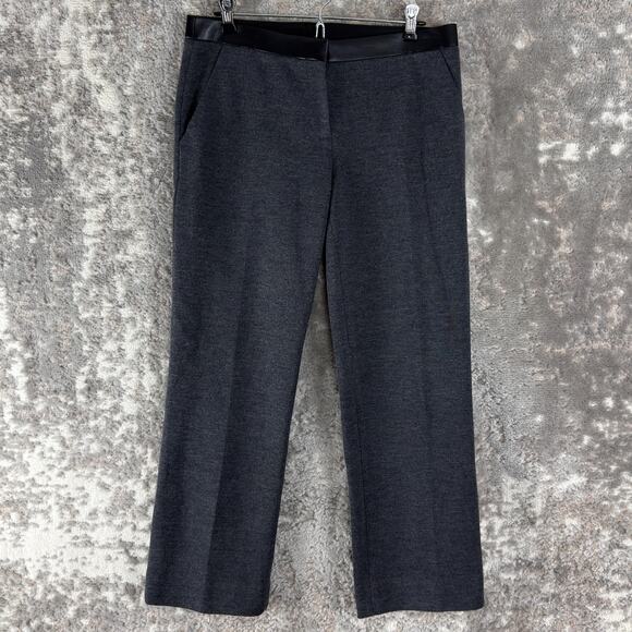 Tory Burch Sz S Wool Blend Faux Leather Trim Pants Gray Button Zip Straight Leg - Picture 1 of 11